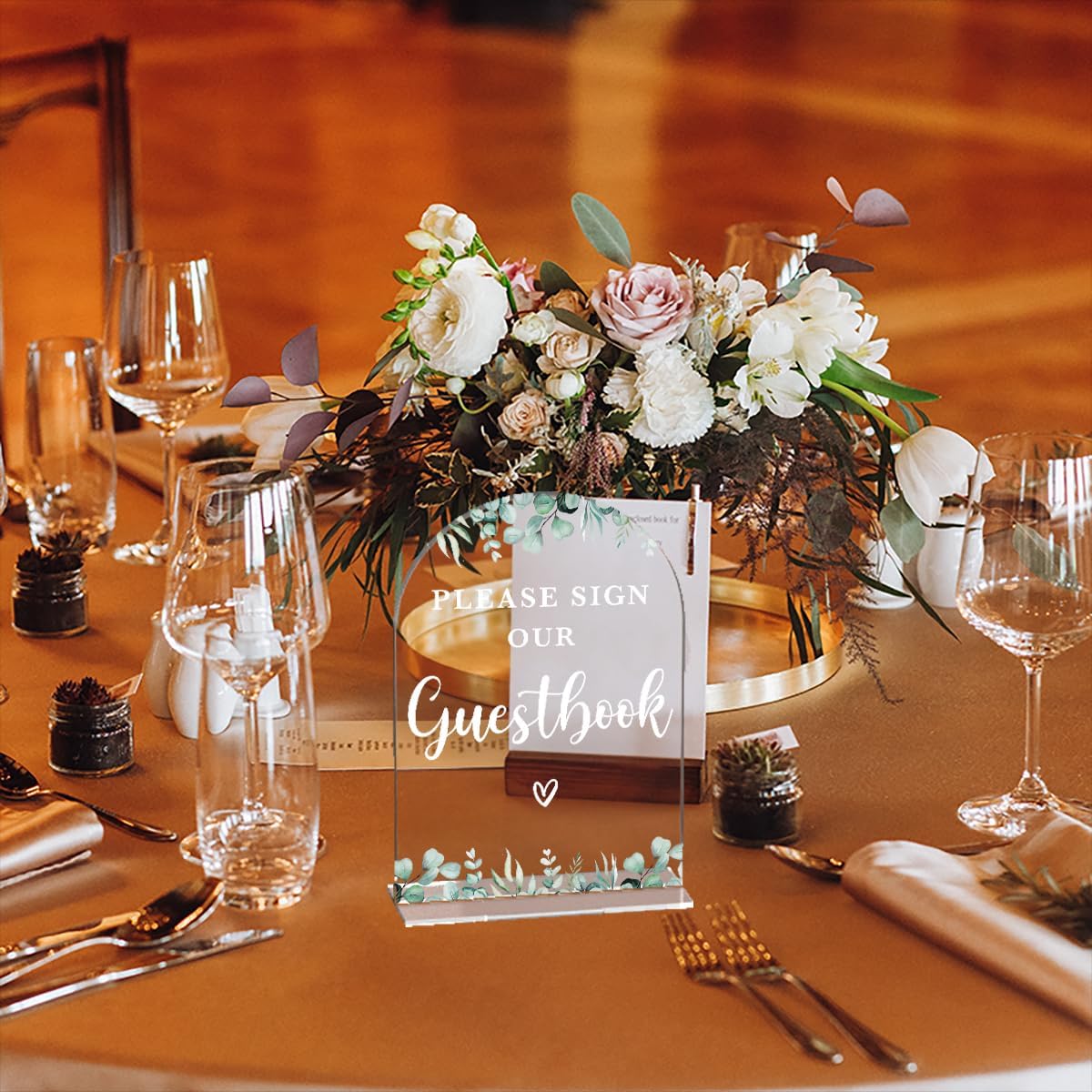 Acrylic Wedding Sign Please Sign Our Guestbook Signs for Ceremony Modern Calligraphy Arch Acrylic Table Top Signs for Wedding Reception and Event Party Table Decor (Eucalyptus Leaves)