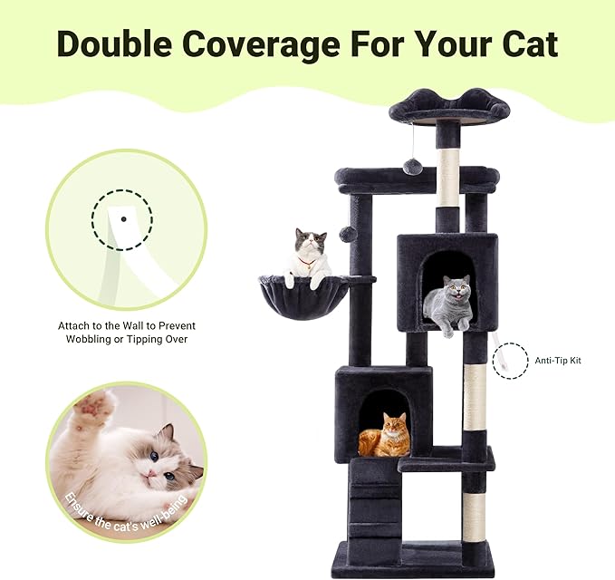 Allewie 64 Inches Cat Tree Tower/Multi-Level Activity Center for Indoor Big Felines/2 Plush Condos/2 Perchs/Basket/House/Sisal Scratching Posts/Hanging Cat Toys/Dark Grey-PawvioPets