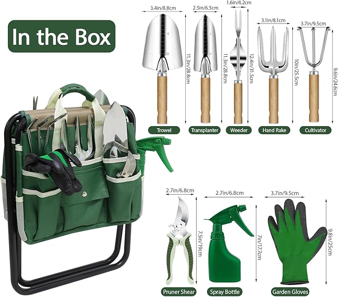 Garden Tool Set, 10 Piece Kit with Heavy Duty Folding Stool, Detachable Storage Tote Bag, Stainless Steel Tools, Gifts for Women Men Green-PawvioPets