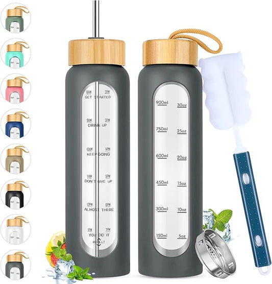 32 oz Glass Water Bottle with Straw - Motivational Time Marker & Silicone Sleeve - Reusable Tumbler Includes 2 Bamboo Lids & Fruit Infuser - 1 Pack-PawvioPets