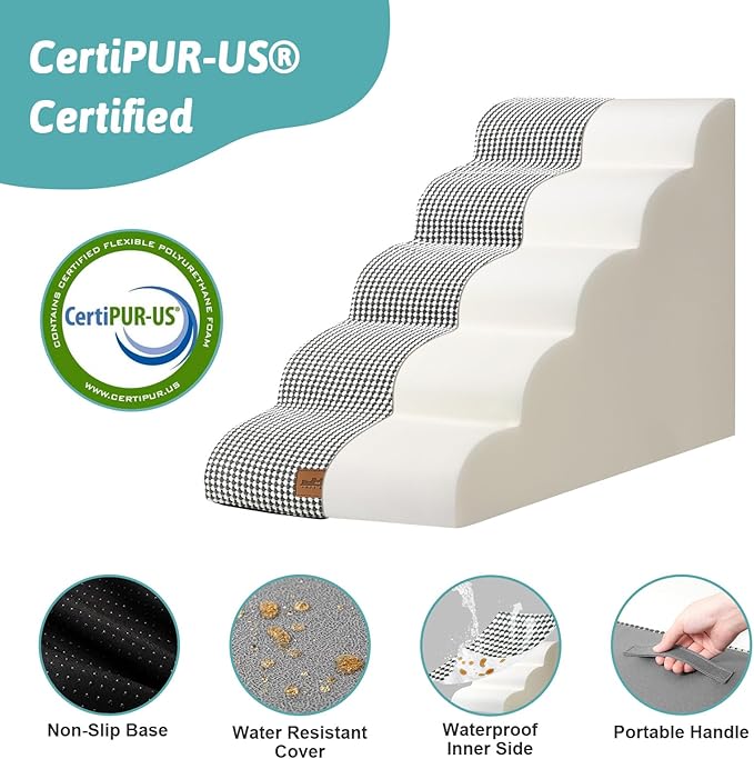 Dog Stairs for High Bed 22.6" H, Small Dog Step for Puppy, Older or Cat, Curved Ramp for Car, Ladder with High Density Foam, Lightweight, Durable, 15.7x33x22.6 inch, 5 Step, White Black-PawvioPets