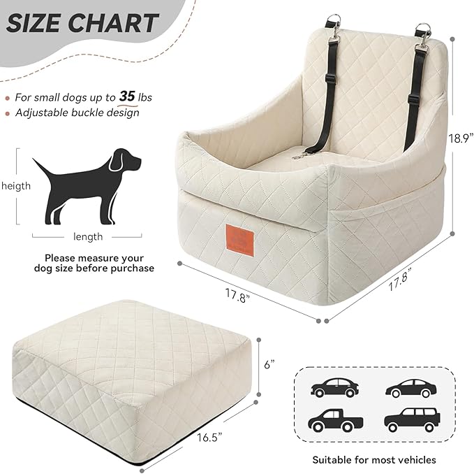 Dog Car Seat for Small/Medium Dogs, Dog Booster Car Seats with Thick Cushion for Dogs Under 35lbs, Detachable Washable Pet Carseat with Storage Pockets, 2 Safety Belts(Beige)-PawvioPets