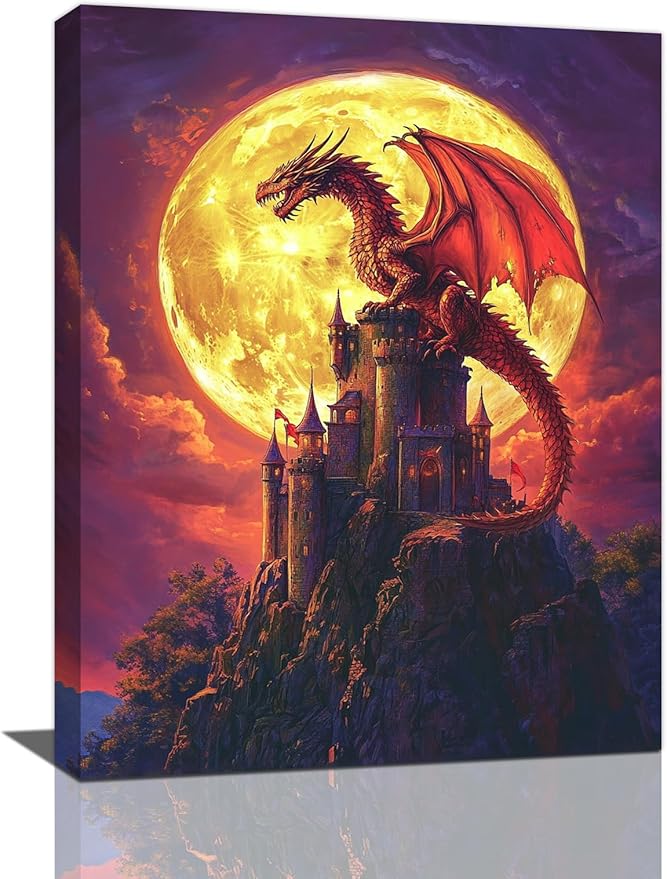 Dragon Bathroom Pictures Wall Art, Red Dragon Castle Bathroom Wall Decor, Framed Painting Canvas Artwork for Bedroom Living Room Decorations 24"L x 20"W-PawvioPets