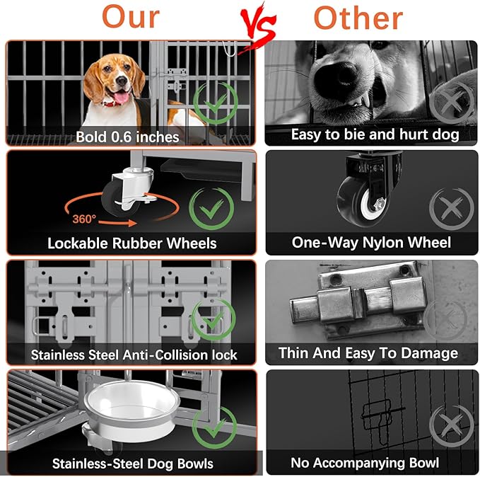 aboxoo 48/42 inch Heavy Duty Metal Dog Crate for 2 Dogs/Large Dog,All Metal Open Top,Dog Kennel Indoor with Wheels,Floor Grid, Tray, Divider and Feeding Bowl (Sliver)-PawvioPets