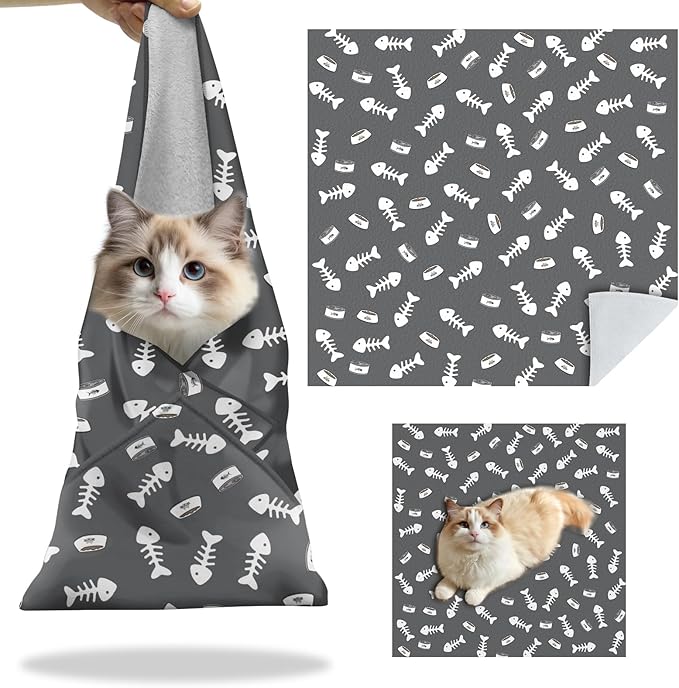 27.6" Cat Grooming Wrap, Self Adhesive Cat Wrap for Cutting Nails, Anti-Escape Calming Cat Swaddle Wrap for Medicine Ear Cleaning, Anti-Scratch Cats Burrito Restraint Blanket, Practical Pet Tool Grey-PawvioPets