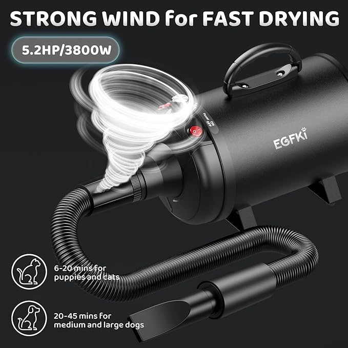 Dog-Hair-Dryer, 5.2HP/ 3800W High Velocity Pet Blow Dryer with Heater for Grooming, Speed Temperature Adjustable Dog Blower Grooming Dryer with 4 Nozzles-PawvioPets