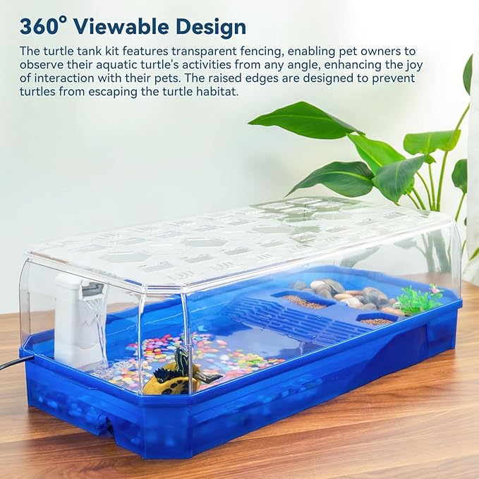 Aquatic Turtle Tank Habitat Kit Stone+Filter+Heat Lamp Enhancing Interaction with 360° Viewing, Standalone Filtration, DIY Creative Zone, Enriched Living (Blue, XL[Without Light])-PawvioPets