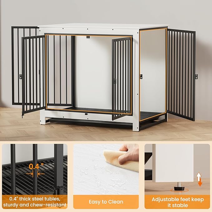 Dog Crate Furniture, Large Dog Crate Furniture, Wooden Cage Kennel Furniture Indoor, Modern Dog Crate with Multi-Purpose Removable Tray, Double-Doors Dog Furniture, End table dog crate, White-PawvioPets
