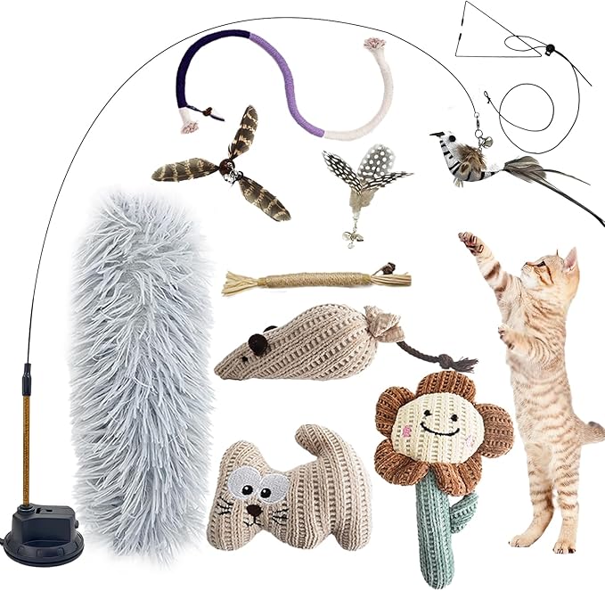 7-in-1 Interactive Cat Toys for Indoor Cats with Washable Adhesive Suction Cup, Hanging Cat Toys, Silvervine Stick and Sisal Chew Rope Catnip Teething Toy for Bored Kitten-PawvioPets