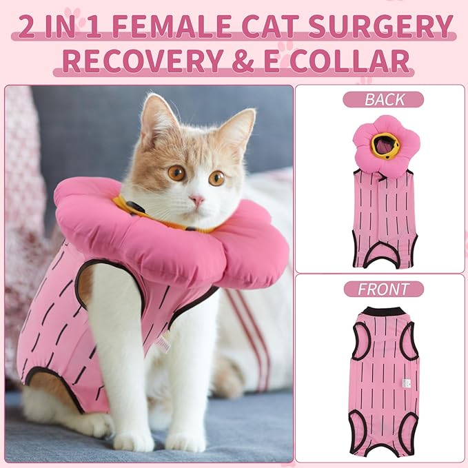 EMUST Cute Cat Recovery Suit & Cone Collar Set - Soft, Adjustable Flower Collar for Female Kittens Under 4lb (Pink, S)-PawvioPets