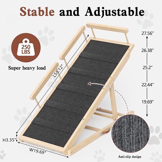 Dog Ramp for High Bed, Couch, Car, Pet Ramps 55.12" Long Adjustable 19.7"-27.6" Wooden Dog Step with High Traction Mat & Safety Side Rails for Small Medium Large Older Pets, up to 250 lbs-PawvioPets