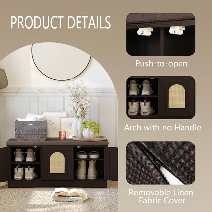 DINZI LVJ Shoe Bench, Entryway Storage Bench with Doors, Cushion, 2-Tier Shoe Rack with 6-Cubby, 39.4”L x 13.8”W Shoe Organizer Cabinet, Adjustable Shelf, Living Room, Bedroom, Espresso with Rattan-PawvioPets