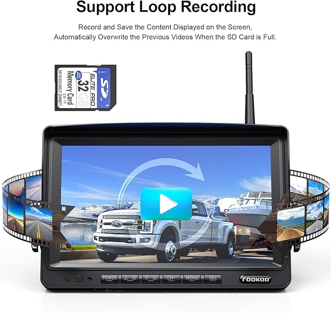 Fookoo 1080P 7" Wireless Backup Camera System, 7" HD Dual/Quad Split Monitor with Recording, IP69 Waterproof Rear View Front View Cameras with Parking Lines, Suits for RV/Truck/Trailer/Van/Bus(DW702)-PawvioPets