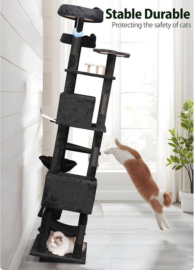 85inch Giant Cat Tree for Heavy Duty Big Cats, Multi-Level Luxury Cat Tower with Scratching Post, Cat Condo with Hammocks & Plush Perches for Indoor Cats Large Adult, Black-PawvioPets