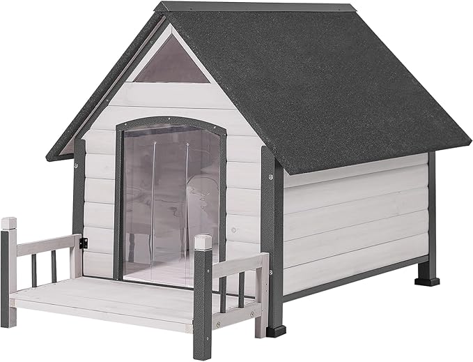 Aivituvin Dog House Outdoor with Metal Frame, Dog Kennel Outside for Small to Medium Breed, 45" Weatherproof Large Dog Shelter with Anti-Chewing Iron Frame, White (45" D x 32.9" W x 32.6" H)-PawvioPets