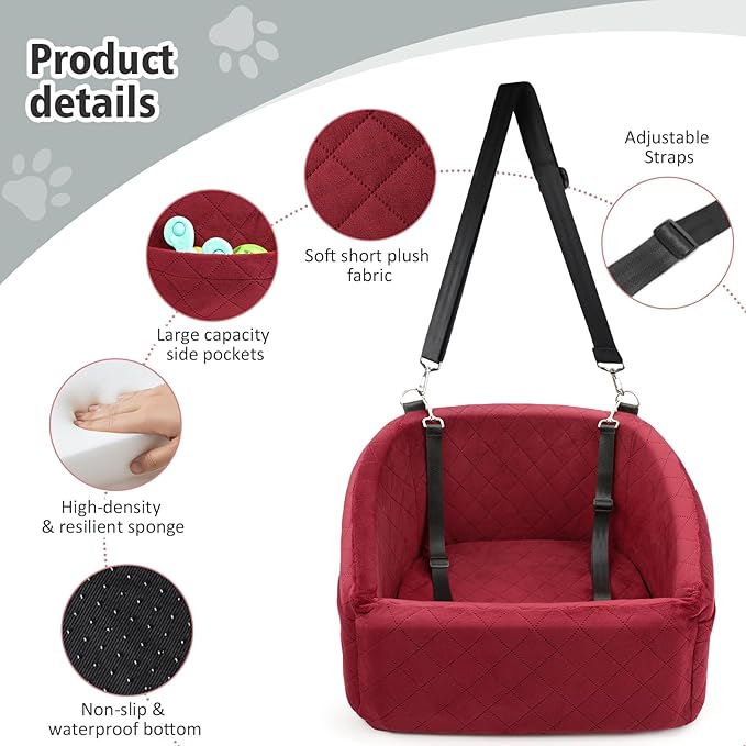 Dog Car Seat for Small Medium Dogs,Detachable Washable Dog Booster Seat Under 30lbs, Pet Car Seats Travel Bed with Storage Pockets and Safety Belt(Red)-PawvioPets