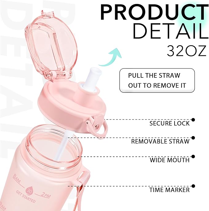 32oz Motivational Water Bottles with Time Marker & Fruit Strainer, Transparent Gradient Color Water Bottle with Times to Drink, Leakproof & BPA Free, Reusable Bottle with Strap (No Straw)-PawvioPets