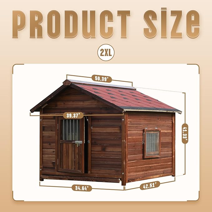 Extra Large Dog House Outdoor Made of Solid Pine Wood, Warm Doghouse, Dog House with Elevated Floor for Large Dogs, (Wood, 2XL)-PawvioPets