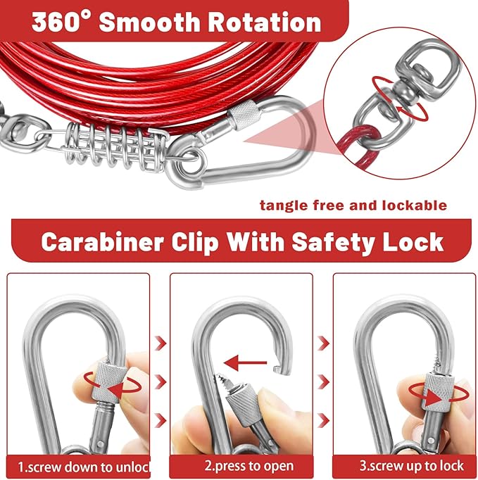 Dog Tie Out Cable - 10/15/20/25/30FT Heavy Duty for Large Dogs Up to 250LBS - Rosy Pink/Blue/Purple/Silver/Red/Green/Yellow-PawvioPets