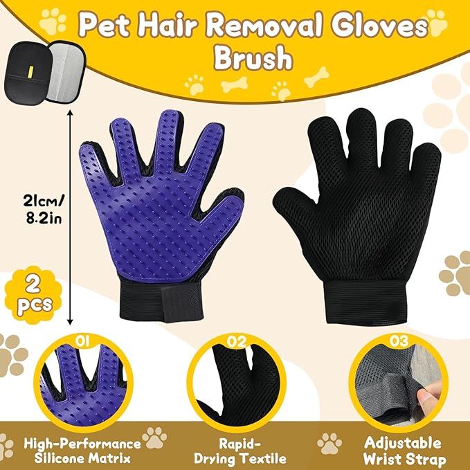 8 Pcs Pet Grooming Gloves for Shedding – 6x Reusable Cat & Dog Hair Removal Gloves+ 1 Pair 2-in-1 Deshedding Brush & Massage Mitt – Safe for Dogs & Cats, Efficient (Blue)-PawvioPets