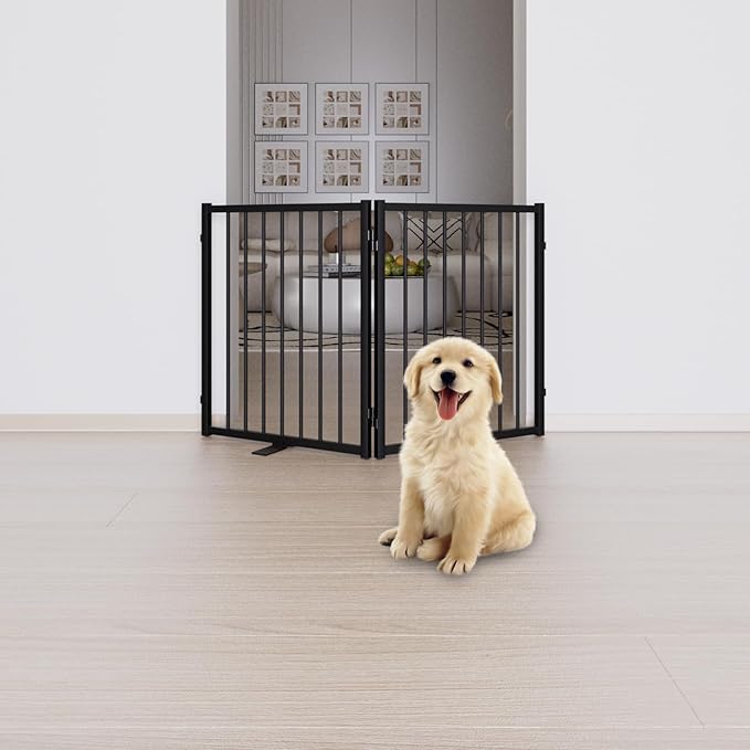Full Metal Freestanding Dog Gate with Door, 24'' Height Foldable Pet Dog Fence for Indoor & Outdoor, 2 Panels Extra Wide Free Standing SmallDog Gates for Doorways,House,Stairs,Porch,Deck,Yard-PawvioPets