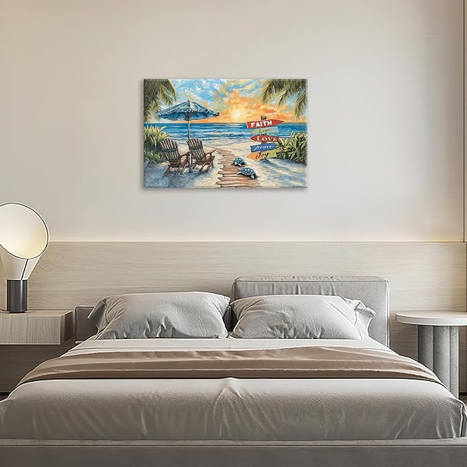 Beach Ocean Bathroom Pictures Wall Art, Seaside Coastal Bathroom Wall Decor, Sunrise Framed Painting Canvas Artwork for Bedroom Living Room Decorations 24"L x 16"W-PawvioPets