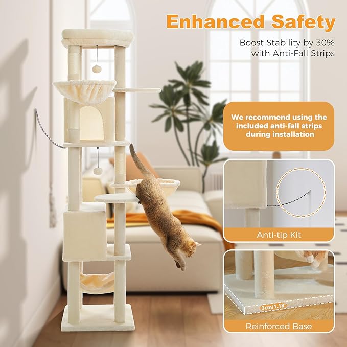 71.2" Tall Cat Tree for Indoor Cats - 9-Level Multi-Cat Tower w/5 Sisal Scratching Posts, 2 Condos, 3 Hammocks, Perch & Pom Poms - Heavy-Duty for Adult Cats, Space-Saving Plush Beige-PawvioPets