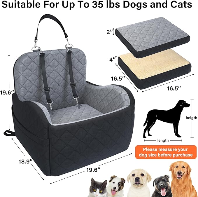 Dog Booster Car Seat, 6in Memory Foam Adjustable Booster Cushion for Small/Medium Dogs, Detachable and Washable Dog Car Seat with Cooling Mat, Pet Booster Seat with Storage Pockets, 2 Safety Belts-PawvioPets
