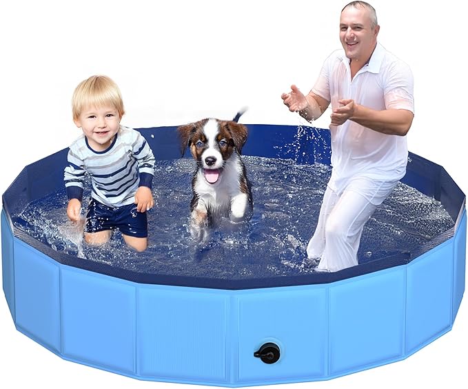 71" x 12" Foldable Dog Pool - Collapsible Hard Plastic Kiddie Pool for Dogs & Kids, Non-Slip Pet Bath Tub for Outdoor Backyard Use, Lightweight & Portable (Blue)-PawvioPets