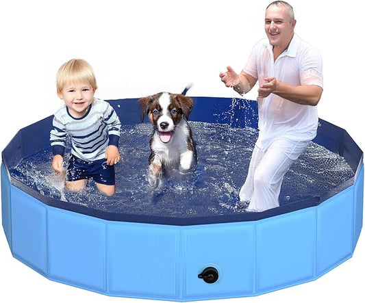 71" x 12" Foldable Dog Pool - Collapsible Hard Plastic Kiddie Pool for Dogs & Kids, Non-Slip Pet Bath Tub for Outdoor Backyard Use, Lightweight & Portable (Blue)-PawvioPets