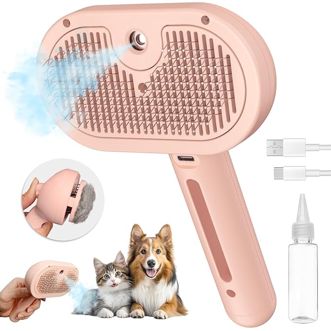 3-in-1 Steam Brush with Release Button and Tank, Anti-Static Pet Brush for Long and Short Hair - Removes Tangles and Loose Hair (Pink)-PawvioPets