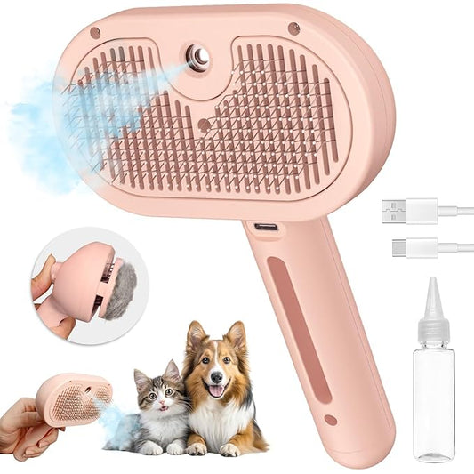 3-in-1 Steam Brush with Release Button and Tank, Anti-Static Pet Brush for Long and Short Hair - Removes Tangles and Loose Hair (Pink)-PawvioPets