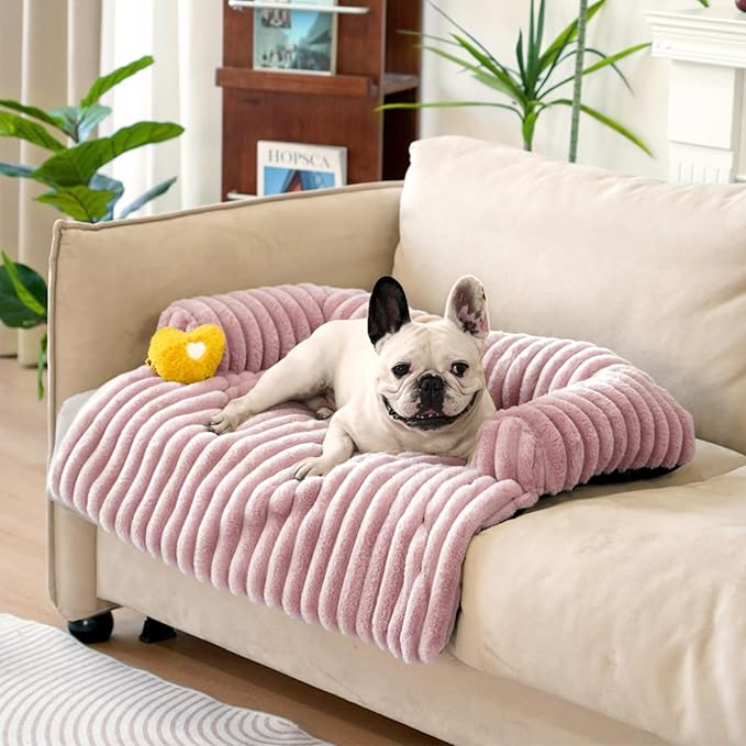 FUNNY FUZZY Pet Couch Cover for Sofa, Calming Dog Bed for Couch, Fluffy Plush Dog Couch Mat for Furniture Protector for Medium Dogs and Cats, 33×28 in, Pink-PawvioPets