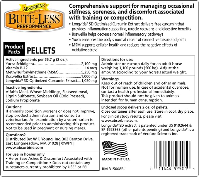 Absorbine Bute-Less Performance Advanced Formula Horse Supplement Pellets, Supports Healthy Inflammatory Response & GI Tract, 3.75lb Tub / 30 Day Supply-PawvioPets