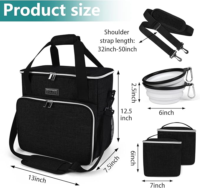 BAGLHER Dog Travel Bag, Pet Travel Bag (All Pet Travel Supplies), with 2 Pet Food Containers and 2 Collapsible Silicone Bowls; Essential Kits for Pet Travel Black-PawvioPets