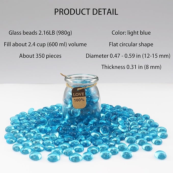 2.16LB Glass Beads Vase Filler Aquarium Gravel Decor Flat Glass Marbles Gems Pebbles Fish Tank Rocks Home Decorative Art Craft - Light Blue-PawvioPets