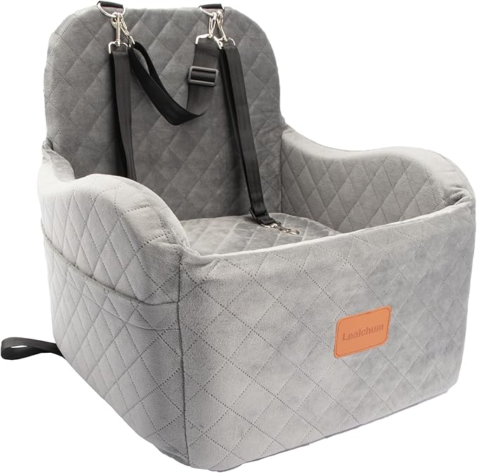 Dog Booster Car Seat for Small/Medium Dogs Up to 35lbs,Ultra Soft Fabric Covered,6in Elevated Cushion,Fully Detachable and Washable,3 Straps & 2 Pockets,Easy to Install(Grey,Medium)-PawvioPets
