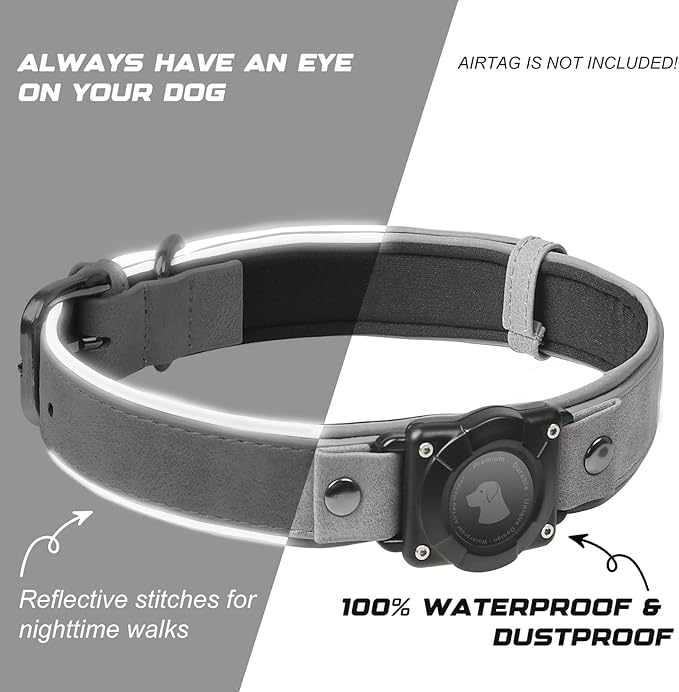 AirTag Dog Collar - Leather Dog Collar with Air Tag Holder | IPX8 Waterproof, Reflective, High - End, Adjustable Soft Padded | Dog GPS Tracker Collars Fit for Medium Large Dogs (Grey, L)-PawvioPets