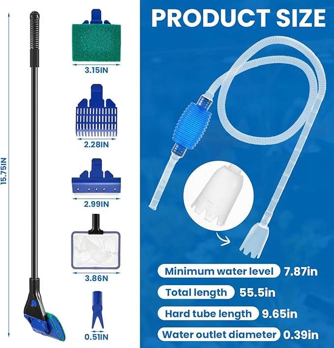 Aquarium Fish Tank Cleaning Tool Kit Include 4 Pcs Long Aquascape Tools Kit 1 Pcs Magnetic Glass Cleaner Brush 5 in 1 Fish Tank Gravel Cleaner and Siphon Vacuum for Terrarium Fish Tank Set-PawvioPets