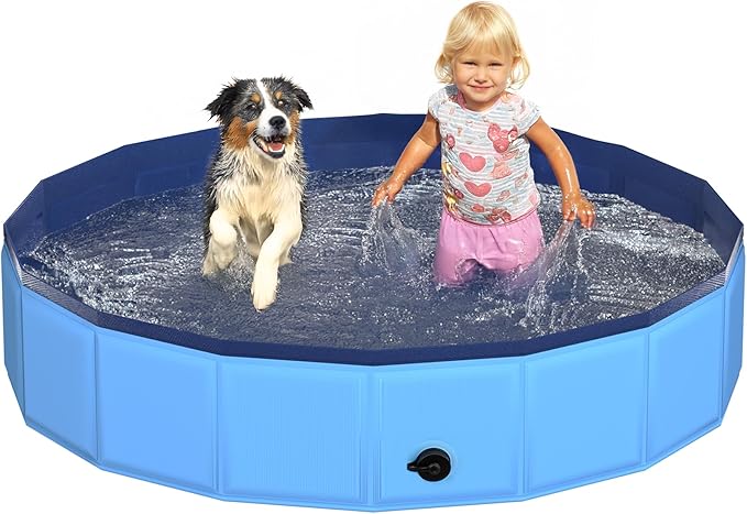 48" x 12" Foldable Dog Pool - Collapsible Hard Plastic Kiddie Pool for Dogs & Kids, Non-Slip Pet Bath Tub for Outdoor Backyard Use, Lightweight & Portable (Blue)-PawvioPets