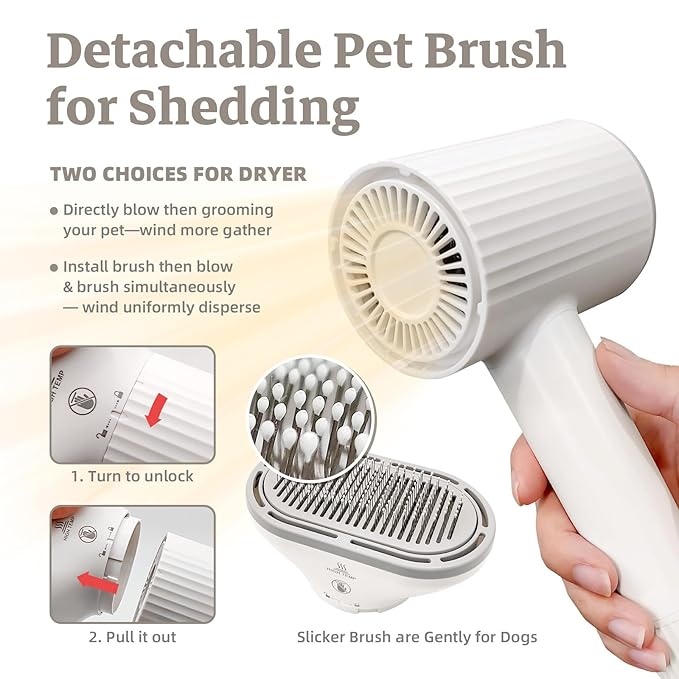 Dog Hair Dryer, Professional 2-in-1 Pet Hair Dryer & Grooming Brush with Removable Comb, Adjustable Temperature/Speed, Portable Dryer for Dogs and Cats-PawvioPets