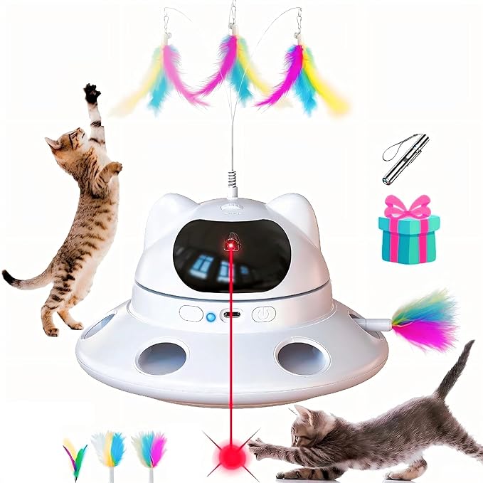 Cat Laser Toy,3-in-1Interactive Cat Toys Automatic Cat Toy with 360° Random Laser & Interactive Feather - 5 Laser PatternsUSB Rechargeable Motion Activated Moving - Fun Toys for Indoor Cats & Kittens-PawvioPets