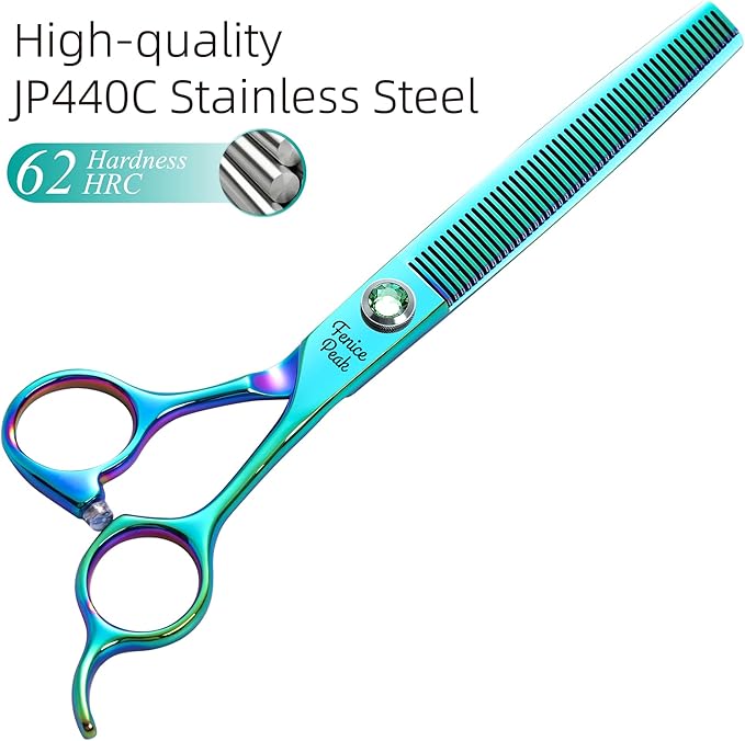 Fenice Peak 7'' Green Thinning Dog Grooming Scissors Pet Shears with Ergonomic Offest Handle and Simulated Emerald Screw 440C Grooming Scissors Trimming Shears Durable and Sharp-PawvioPets