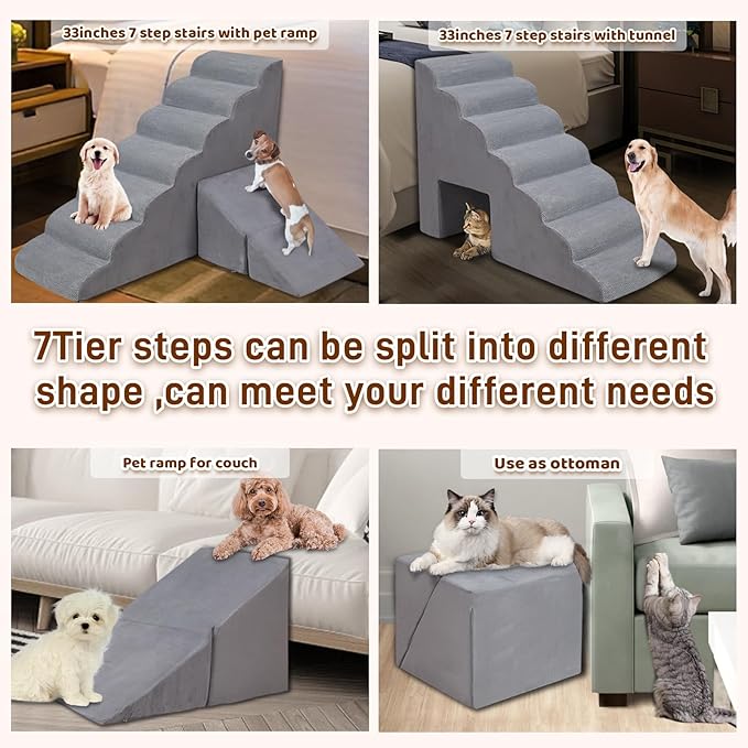 Dog Stairs & Steps for High Beds 30-36 inches High Tall, LitaiL 33inch 7 Steps Pet Stairs/Steps for High Beds Small Large Dogs, Non-Slip Dog Ramps/Ladder for Old Dogs/Cats-PawvioPets
