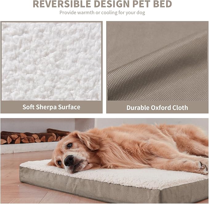 Dog Crate Bed Washable Dog Beds for Large Dogs, Big Waterproof Orthopedic Pet Bed with Egg Crate Foam Pet Mat, Removable Oxford Cooling Cover, Khaki White-PawvioPets