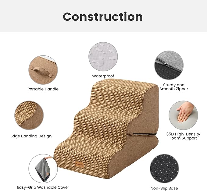 Gardner Pet Dog Stairs for Small Dogs 16.5" H, 2 in 1 Transformable 3-Step Pet Stairs and Dog Ramp for Couch (13-20 in), Brown Adjustable Pet Steps with Non-Slip Waterproof Cover and CertiPUR-US Foam-PawvioPets