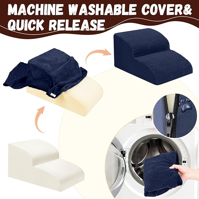 Dog Stairs for Small Dogs - High Density Foam Pet Steps, Extra Wide Dog Ramp with Non-Slip Bottom for High Beds, Couch and Sofa, Best for Dogs Injured, Older Doggy Cats,2 Steps, Navy-PawvioPets