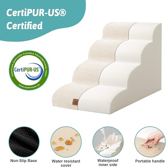 Dog Stairs for Small Dogs 19.7" H, Curved Dog Step for Puppy, Older or Cat, Medium Pet Ramp for Sofa, Couch or Bed, Ladder with High Density Foam, 15.7x28.3x19.7 inch, 4 Step, Beige-PawvioPets