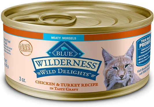 Blue Buffalo Wilderness Wild Delights Meaty Morsels Wet Cat Food, High-Protein & Grain-Free, Made with Natural Ingredients, Chicken & Turkey Recipe in Tasty Gravy, 3-oz. Cans (24 Count)-PawvioPets