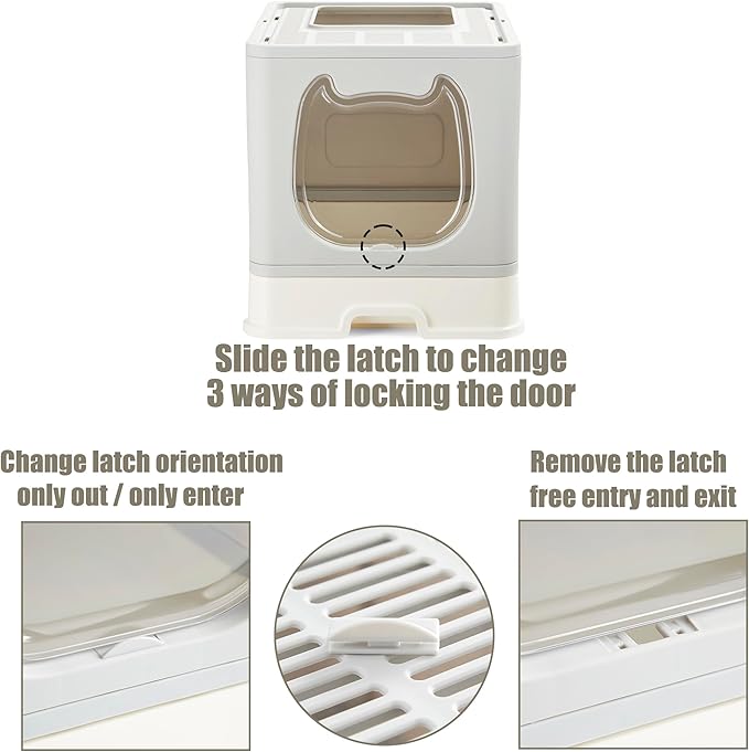 Gefryco Litter Box with Lid for Small to Medium Cats, Enclosed Cat Litter Box with Cover，High Sided Top Entry Cat Box with Brush and Scoop, Cute Kitty Litter Pan with Drawer for Growing Kittens(Grey)-PawvioPets